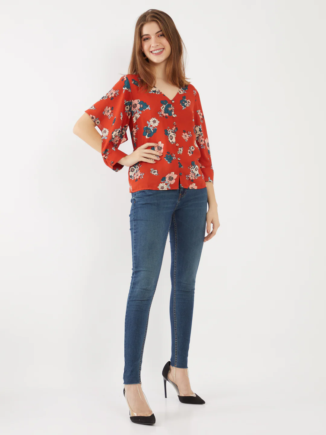 Red Printed Flared Sleeve Top - Image 5