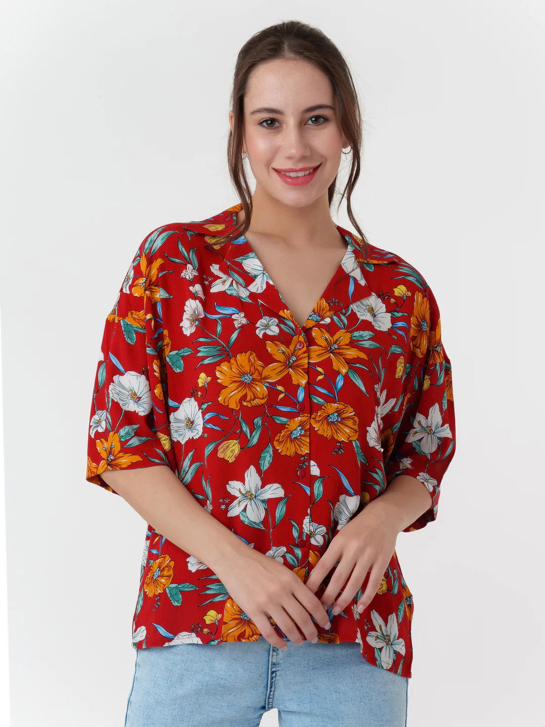 Red Printed Oversized Shirt - Image 2
