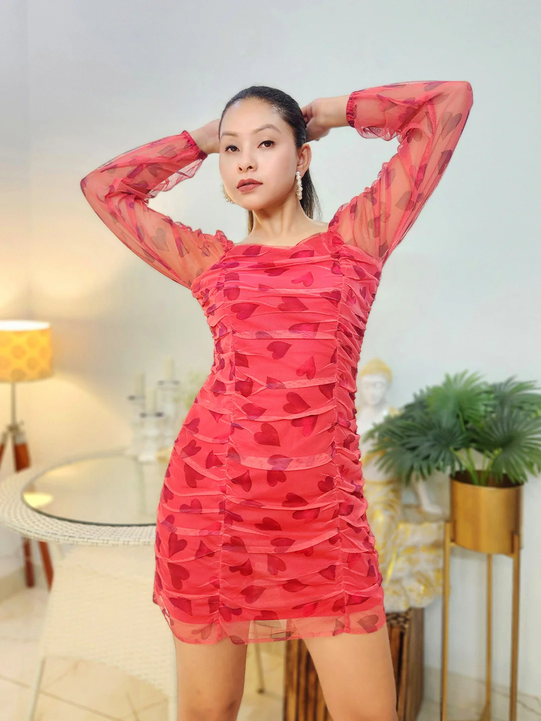 Red Printed Ruched Short Dress