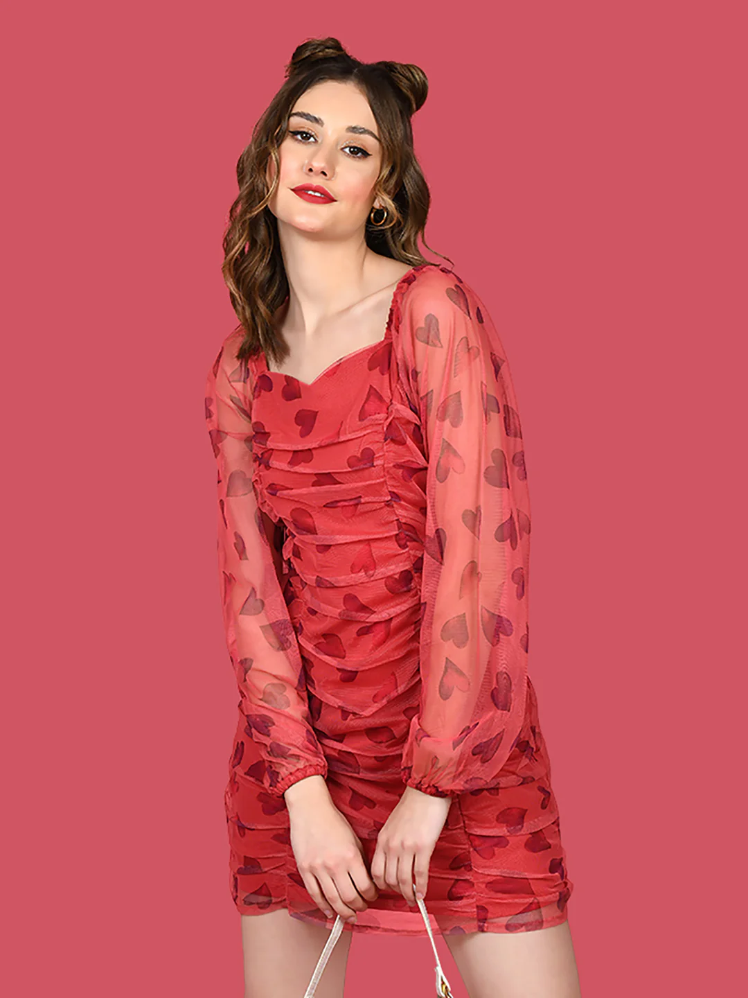 Red Printed Ruched Short Dress - Image 3