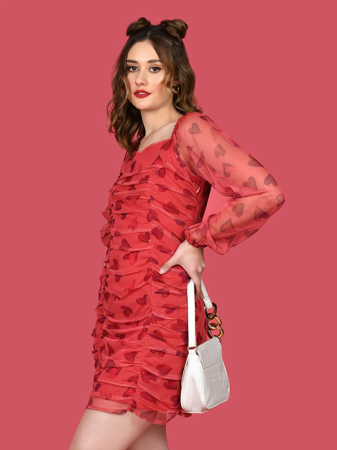 Red Printed Ruched Short Dress - Image 4