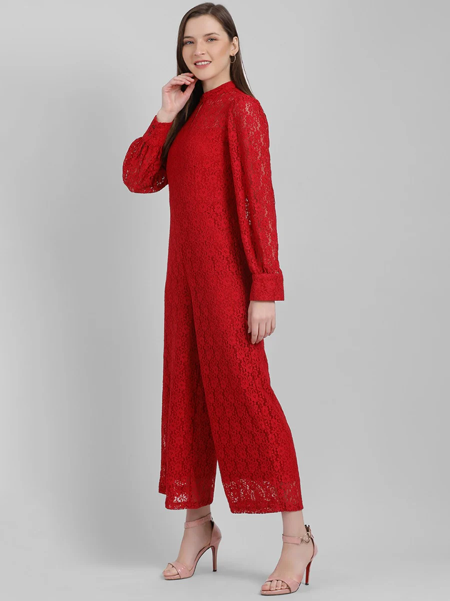 Red Self Design Regular Jumpsuit - Image 4