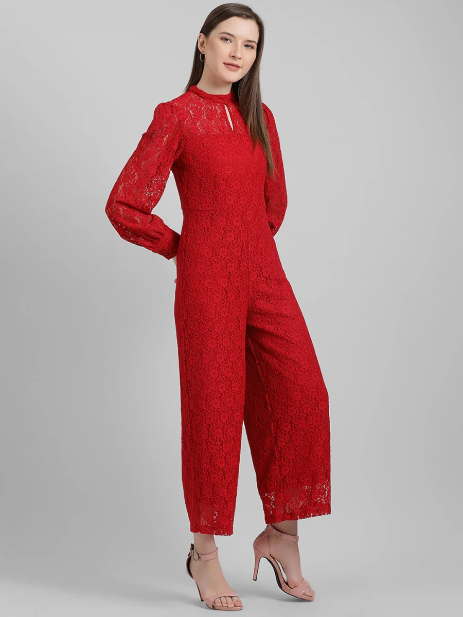 Red Self Design Regular Jumpsuit - Image 5