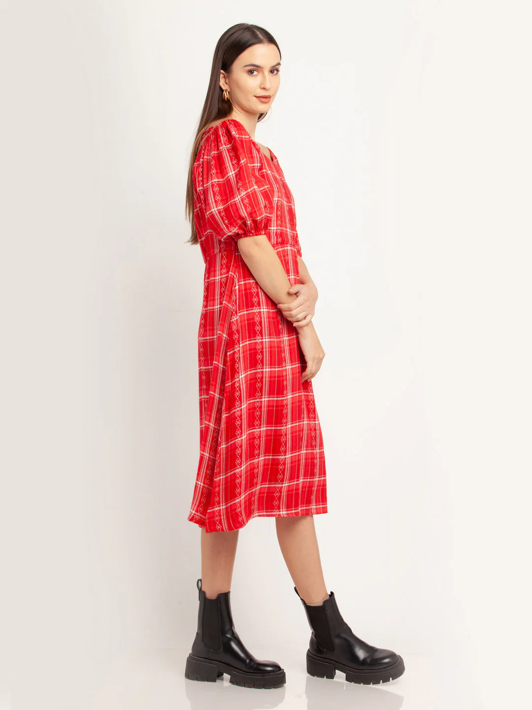 Red Self Design Tie-Up Midi Dress - Image 3