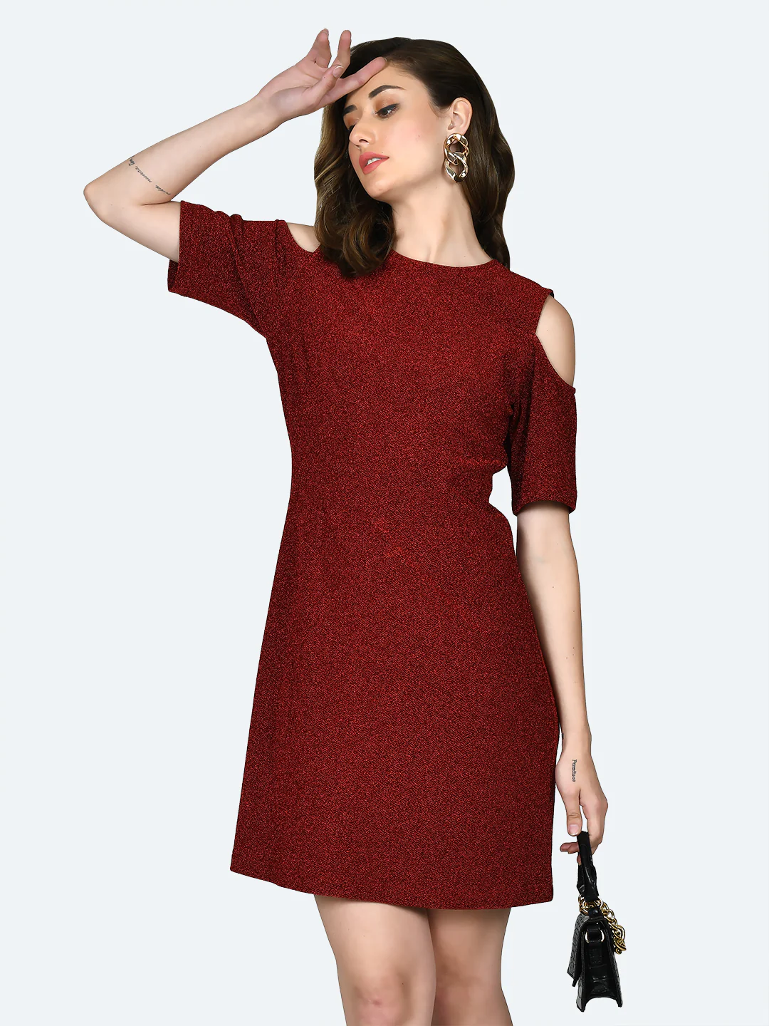 Red Shimmer Cold Shoulder Short Dress - Image 2
