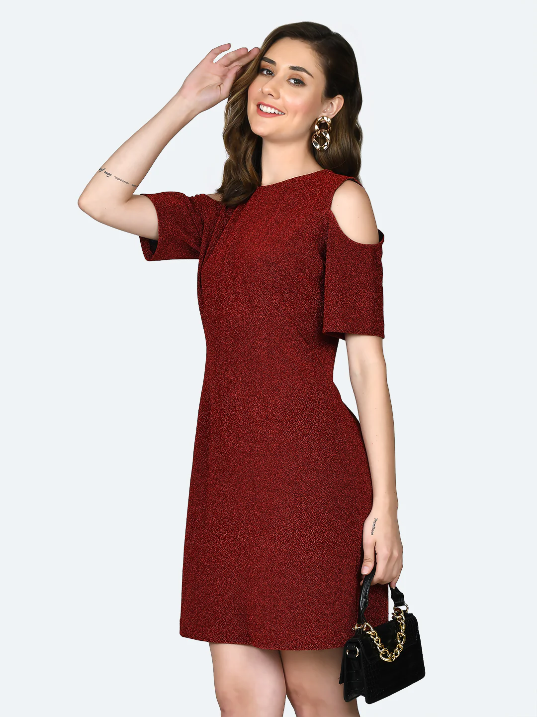 Red Shimmer Cold Shoulder Short Dress - Image 3