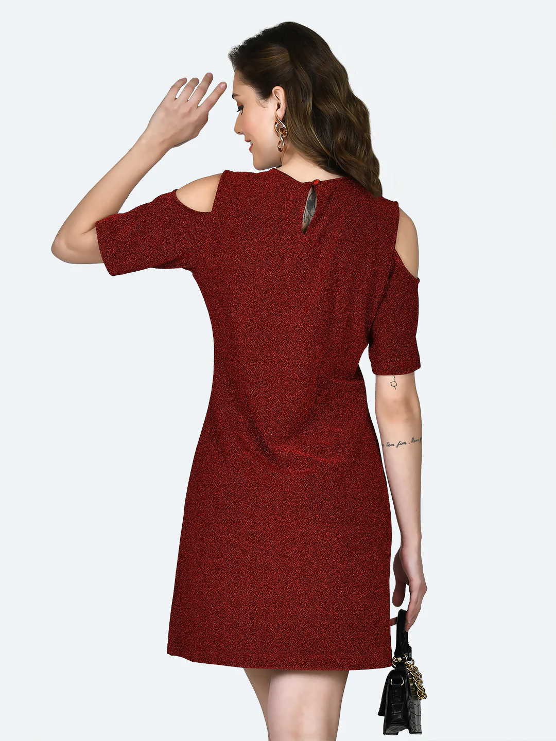Red Shimmer Cold Shoulder Short Dress - Image 4