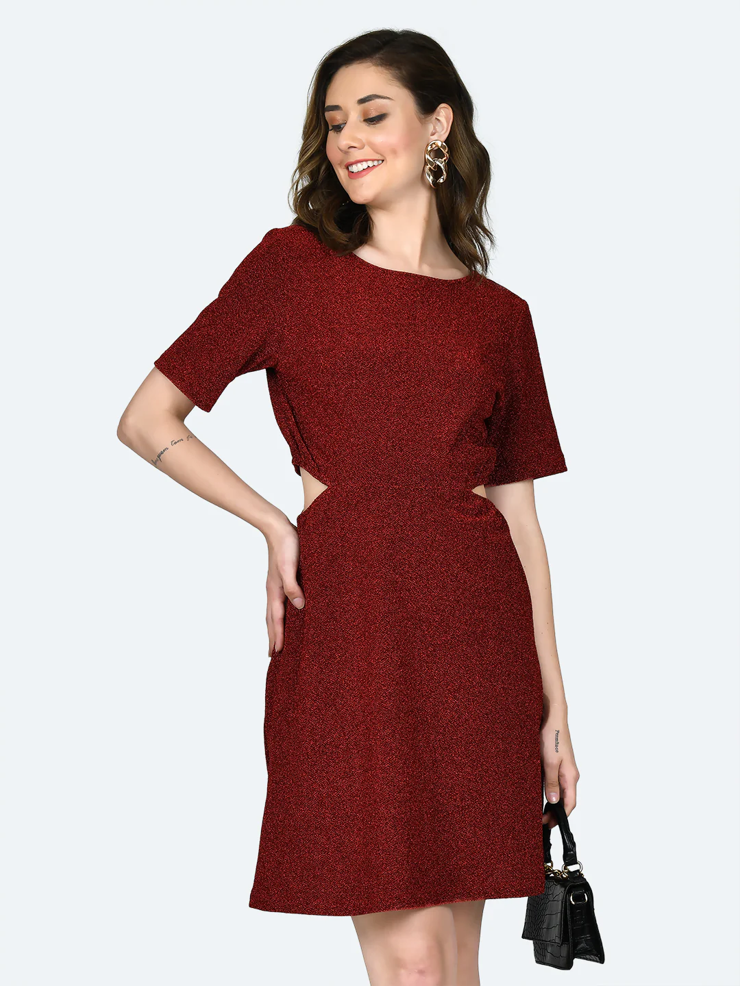 Red Shimmer Cut Out Short Dress - Image 2