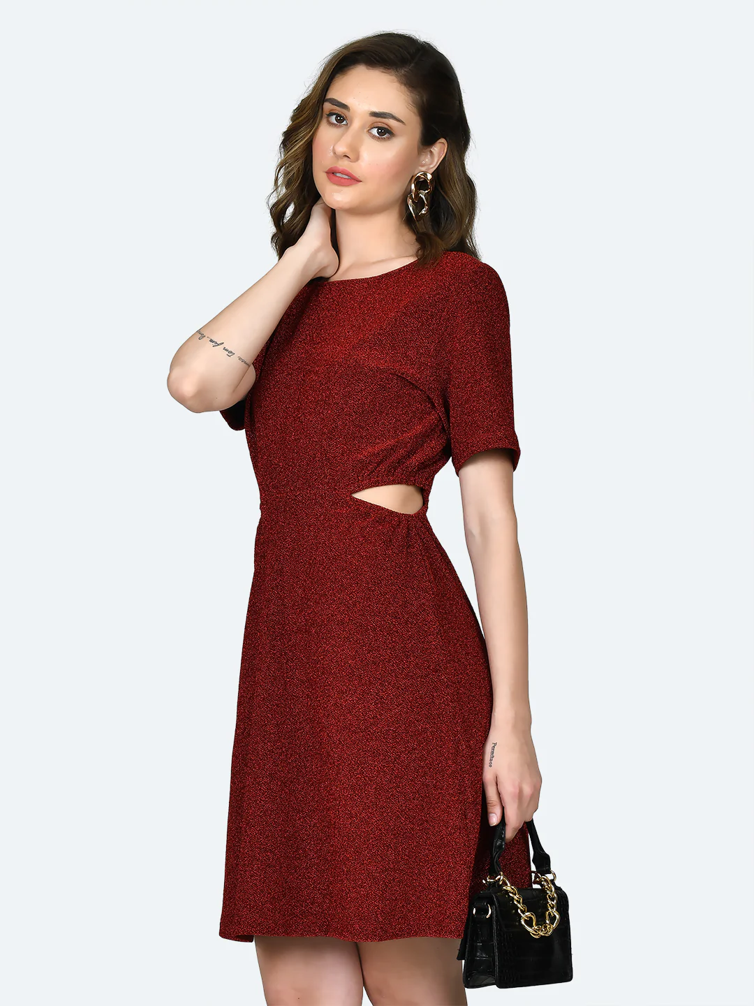 Red Shimmer Cut Out Short Dress - Image 3