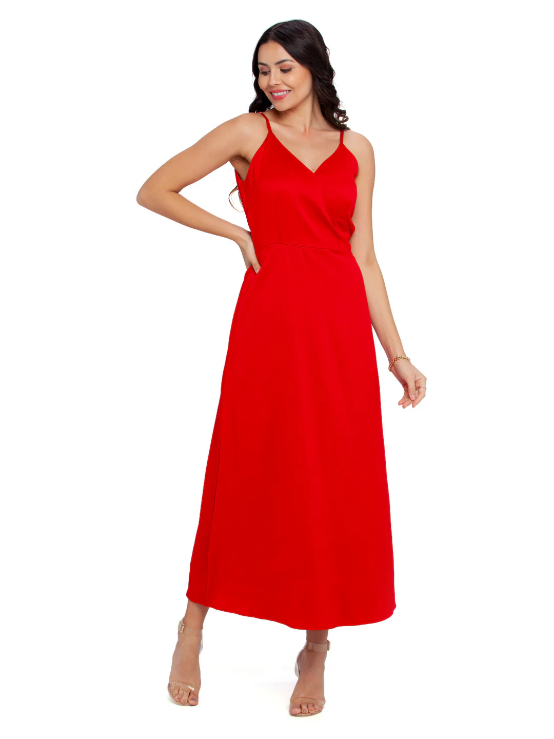 Red Solid A-Line Maxi Dress - Image 2