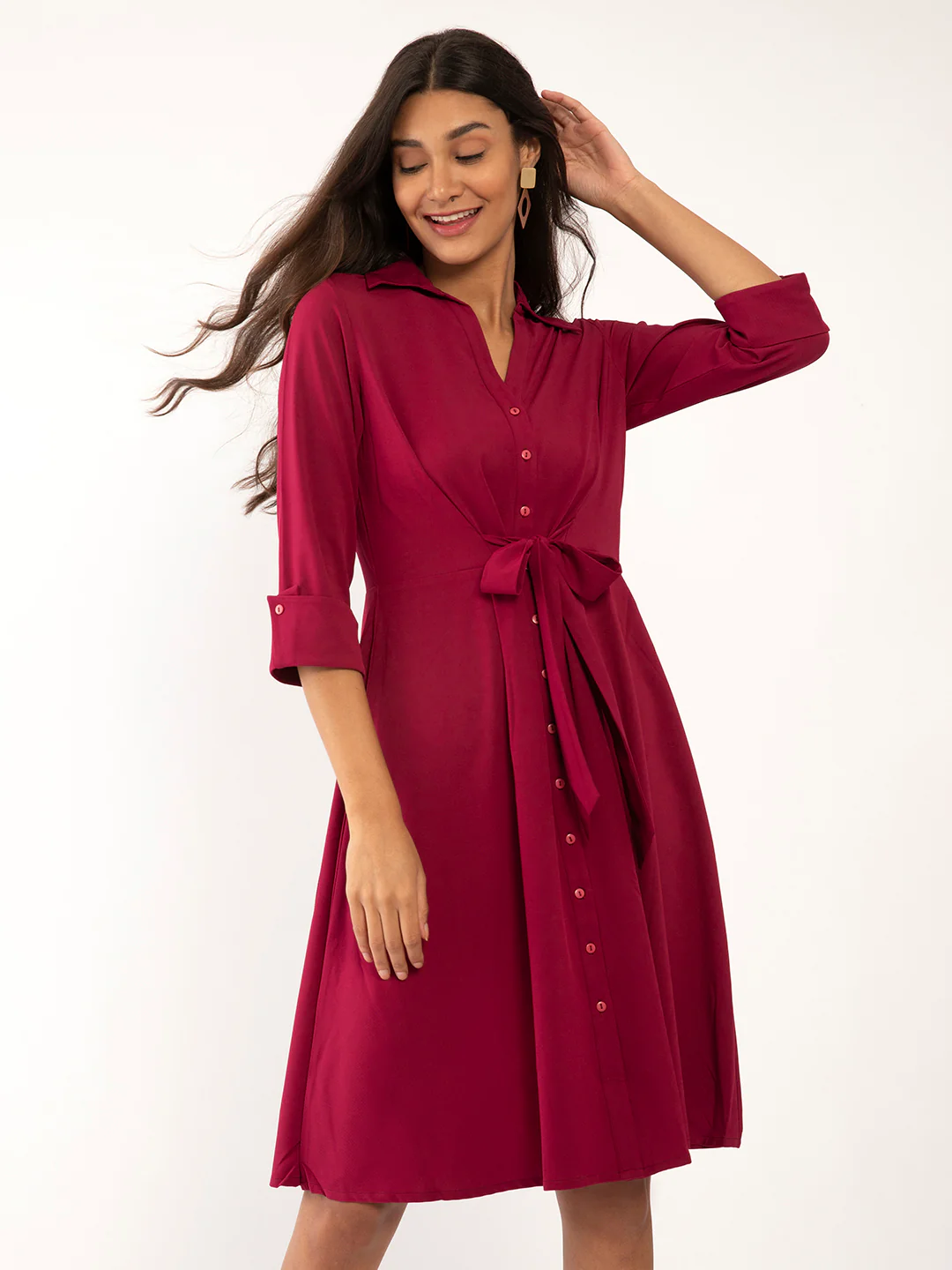 Red Solid A-Line Midi Dress - Image 2