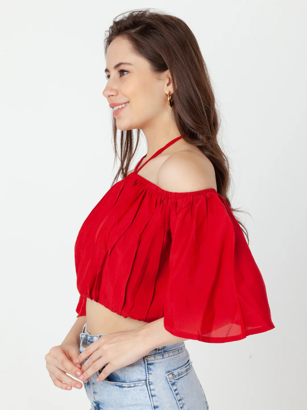 Red Solid Bardot Top - Image 3