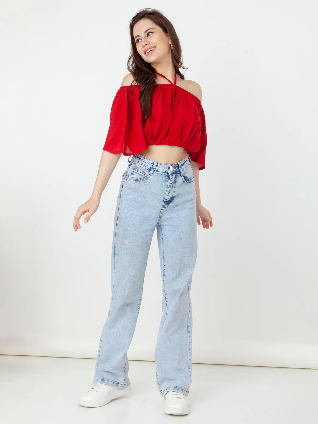 Red Solid Bardot Top - Image 5