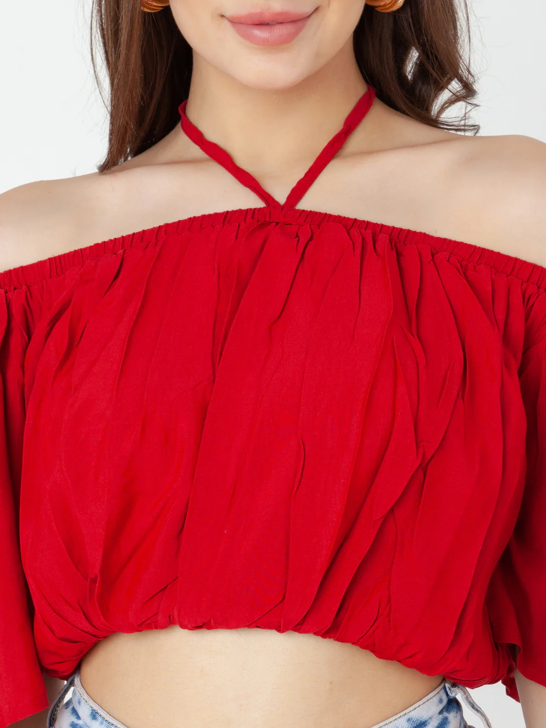 Red Solid Bardot Top - Image 6