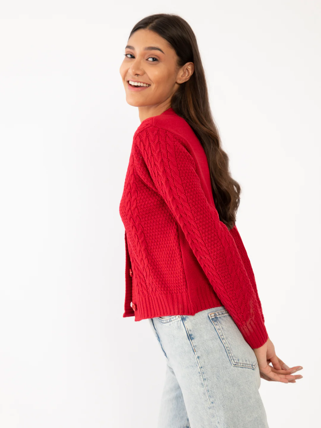 Red Solid Crop Sweater - Image 3