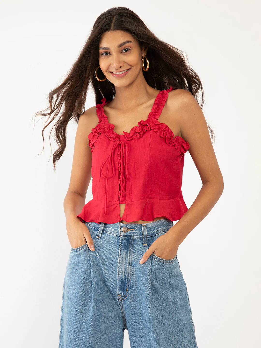 Red Solid Cropped Top - Image 2
