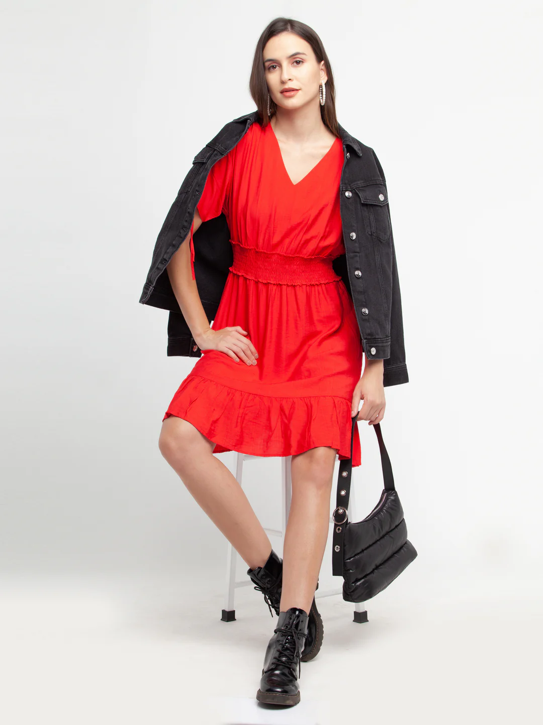 Red Solid Elasticated Short Dress