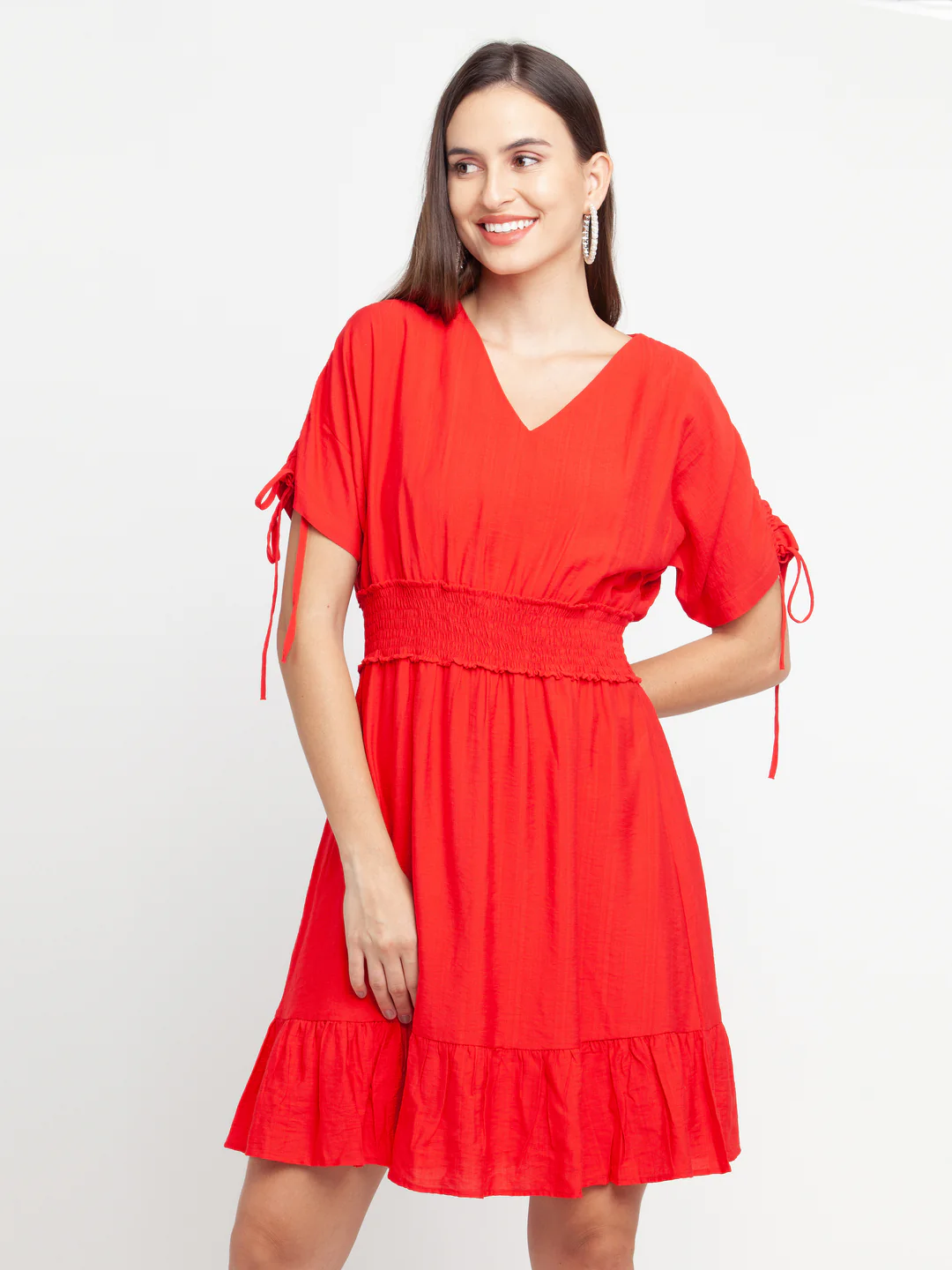 Red Solid Elasticated Short Dress - Image 2