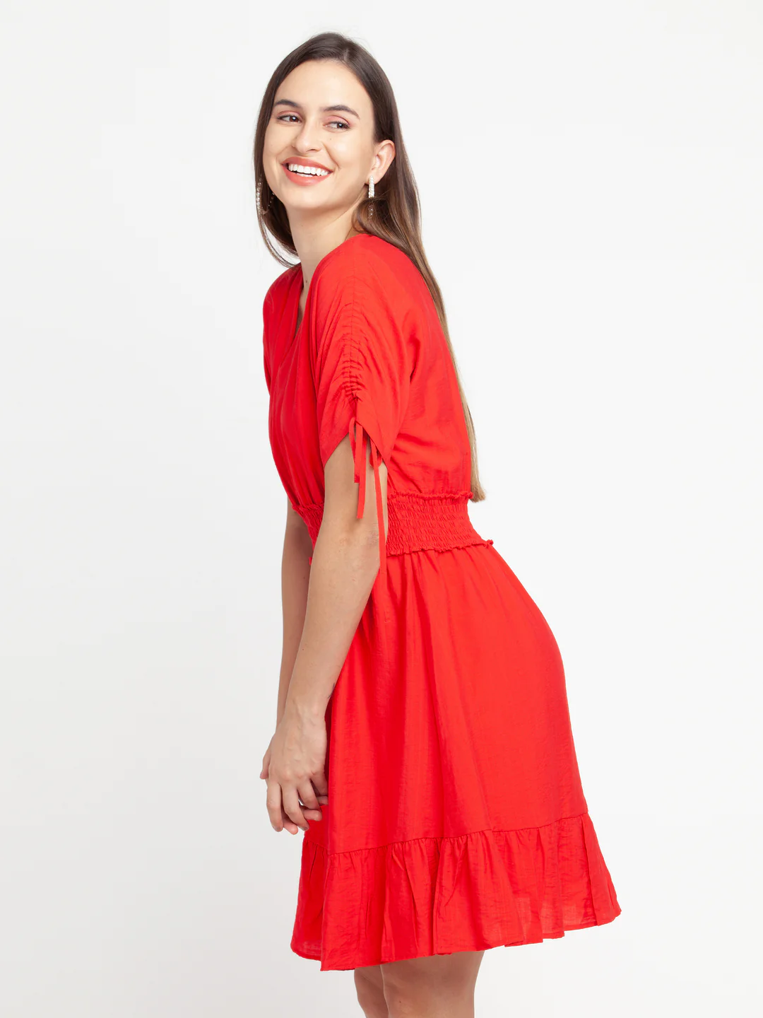 Red Solid Elasticated Short Dress - Image 3