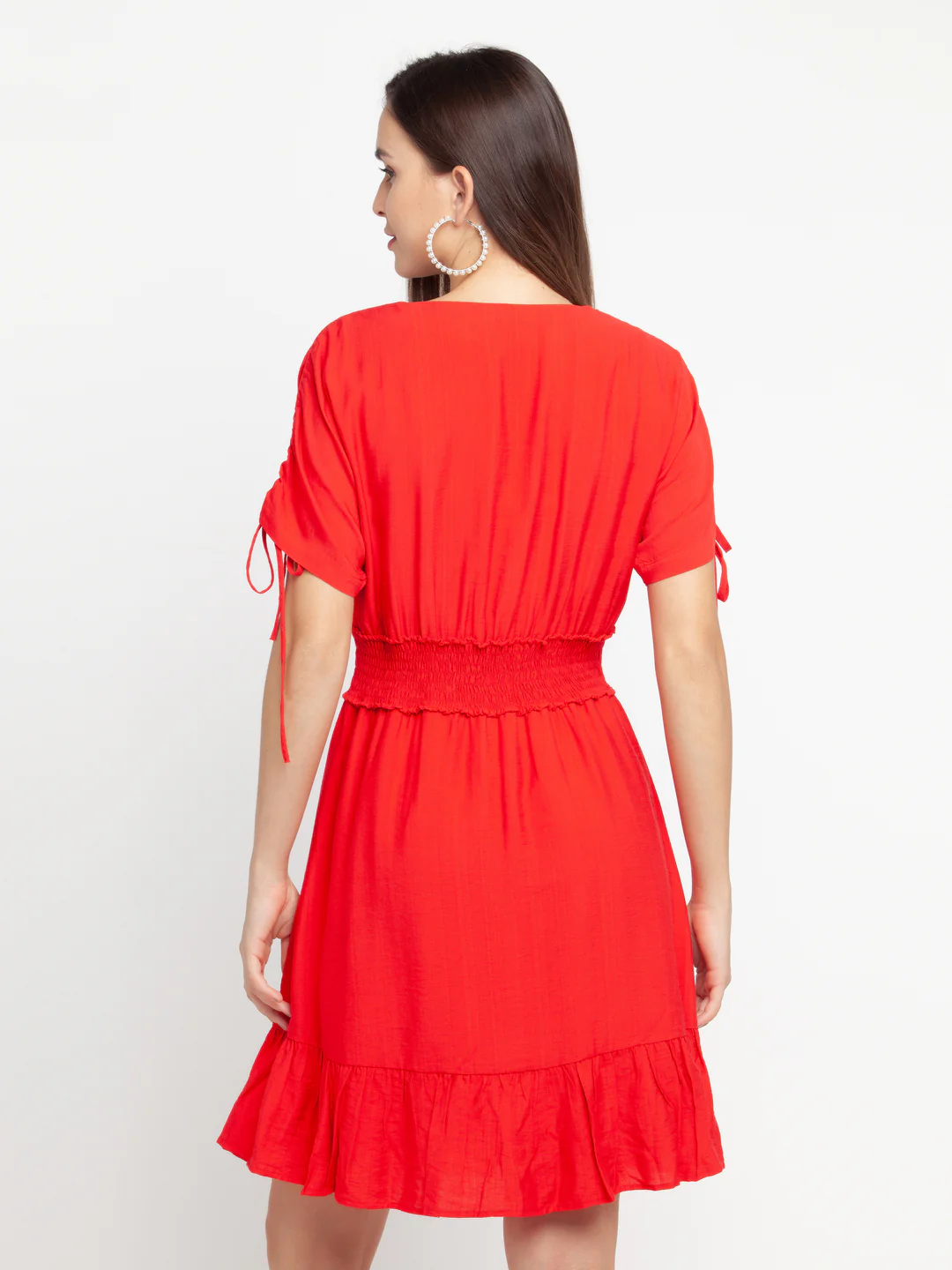 Red Solid Elasticated Short Dress - Image 4