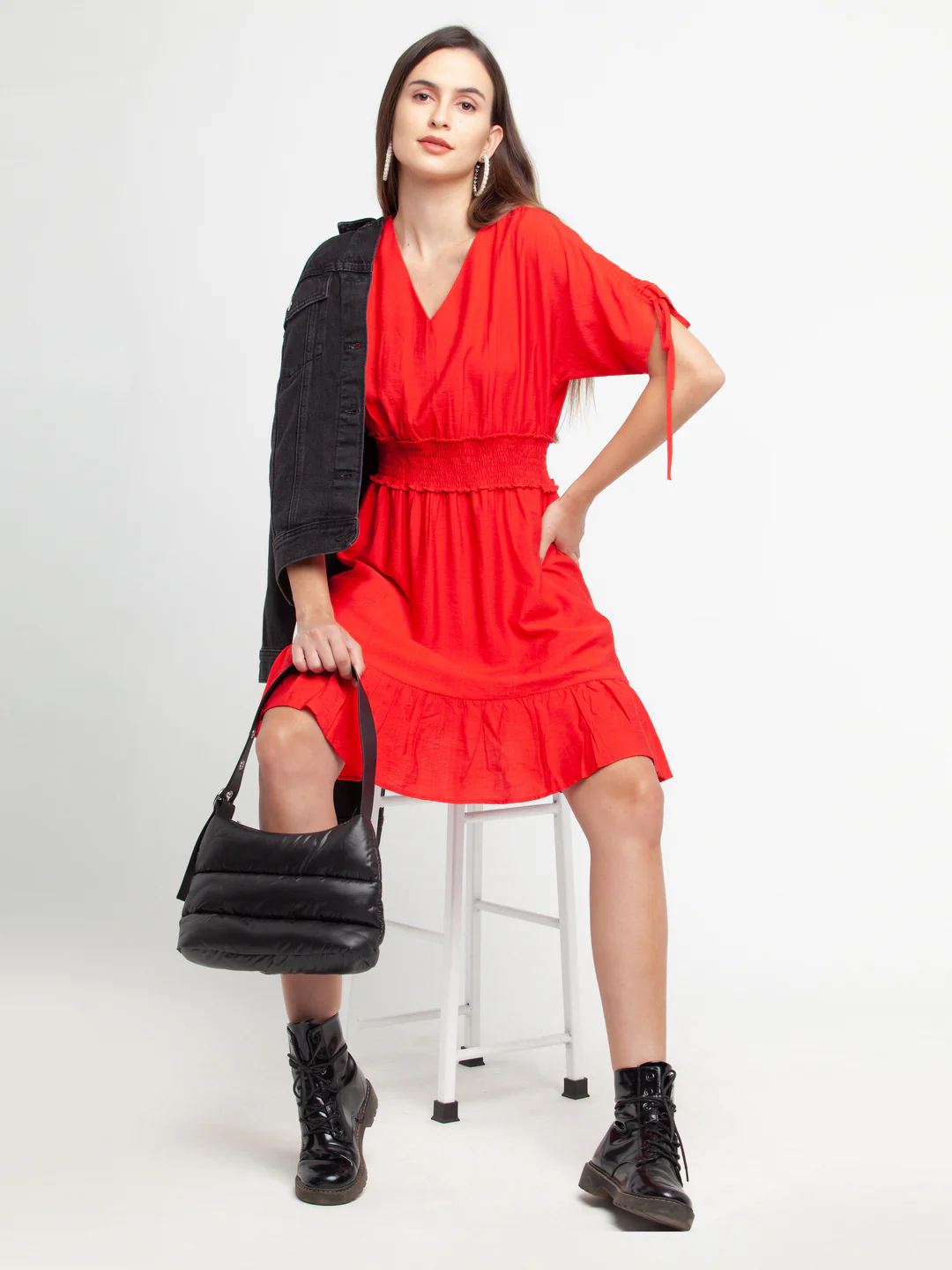 Red Solid Elasticated Short Dress - Image 5
