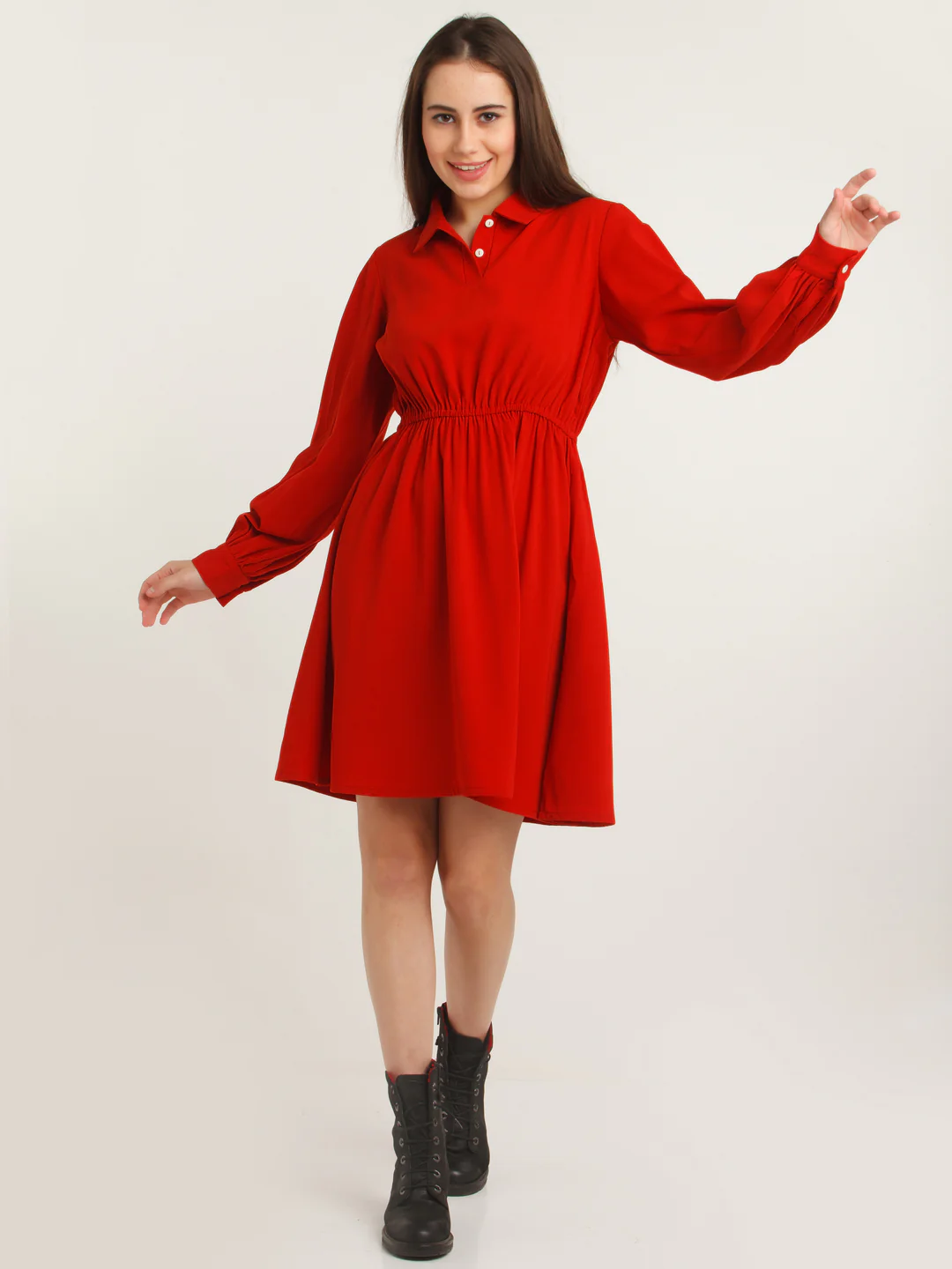 Red Solid Elasticated Short Dress - Image 2