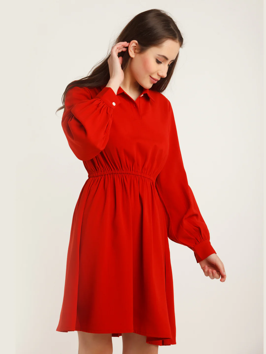 Red Solid Elasticated Short Dress - Image 3