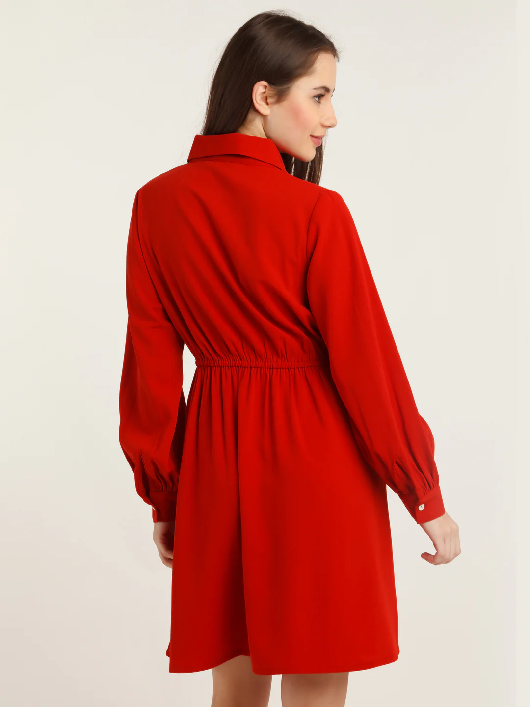 Red Solid Elasticated Short Dress - Image 4