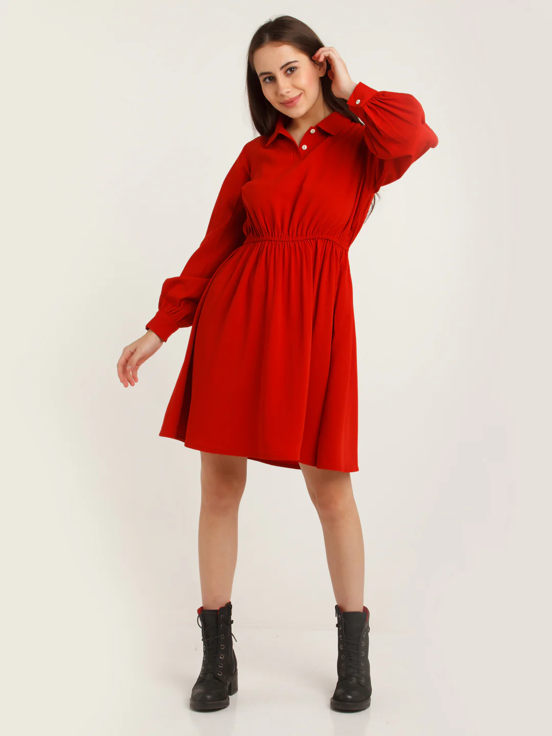 Red Solid Elasticated Short Dress - Image 5