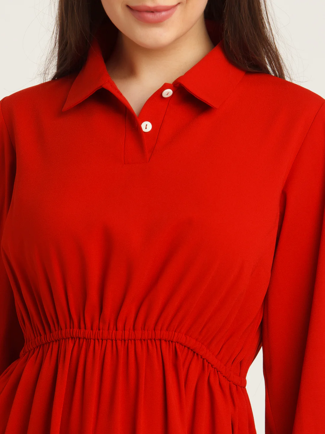 Red Solid Elasticated Short Dress - Image 6