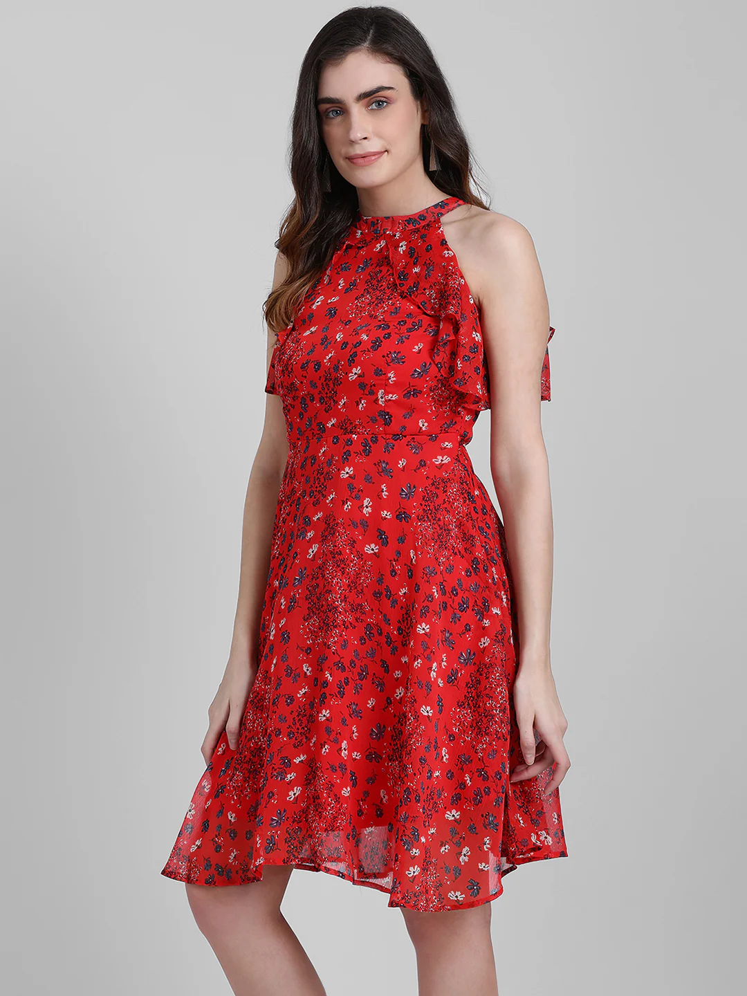 Red Floral Print A-Line Short Dress - Image 2