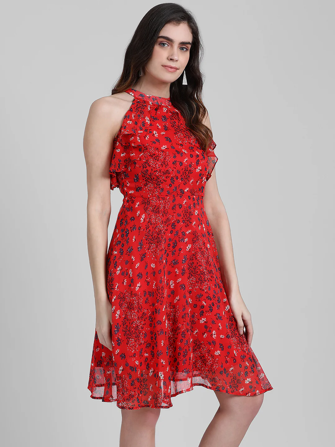 Red Floral Print A-Line Short Dress - Image 3