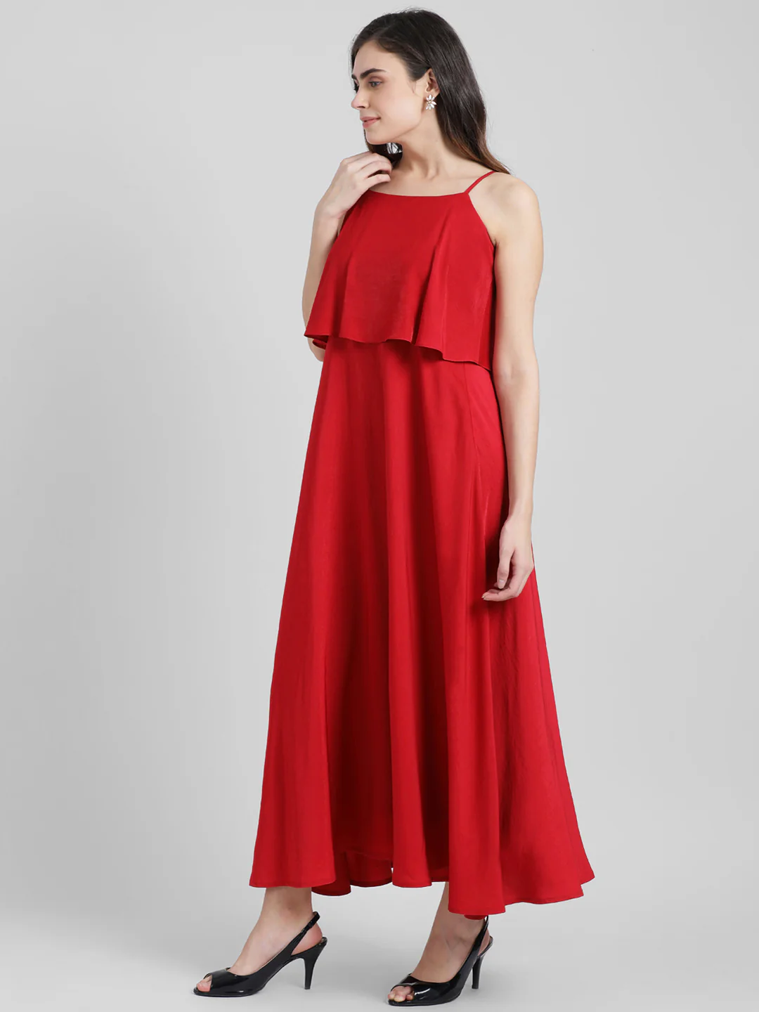 Red Solid Fit & Flare Dress - Image 3