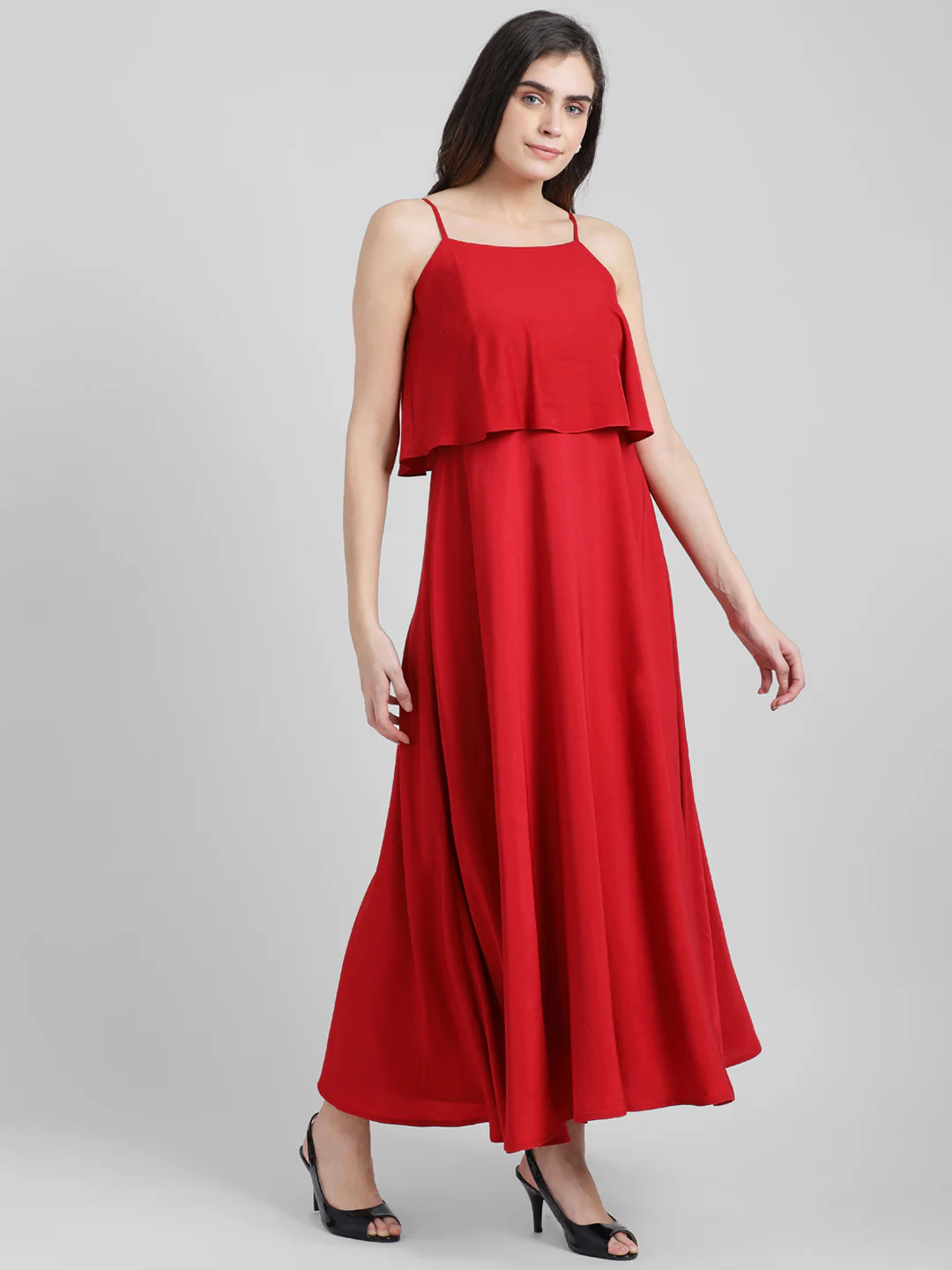 Red Solid Fit & Flare Dress - Image 4