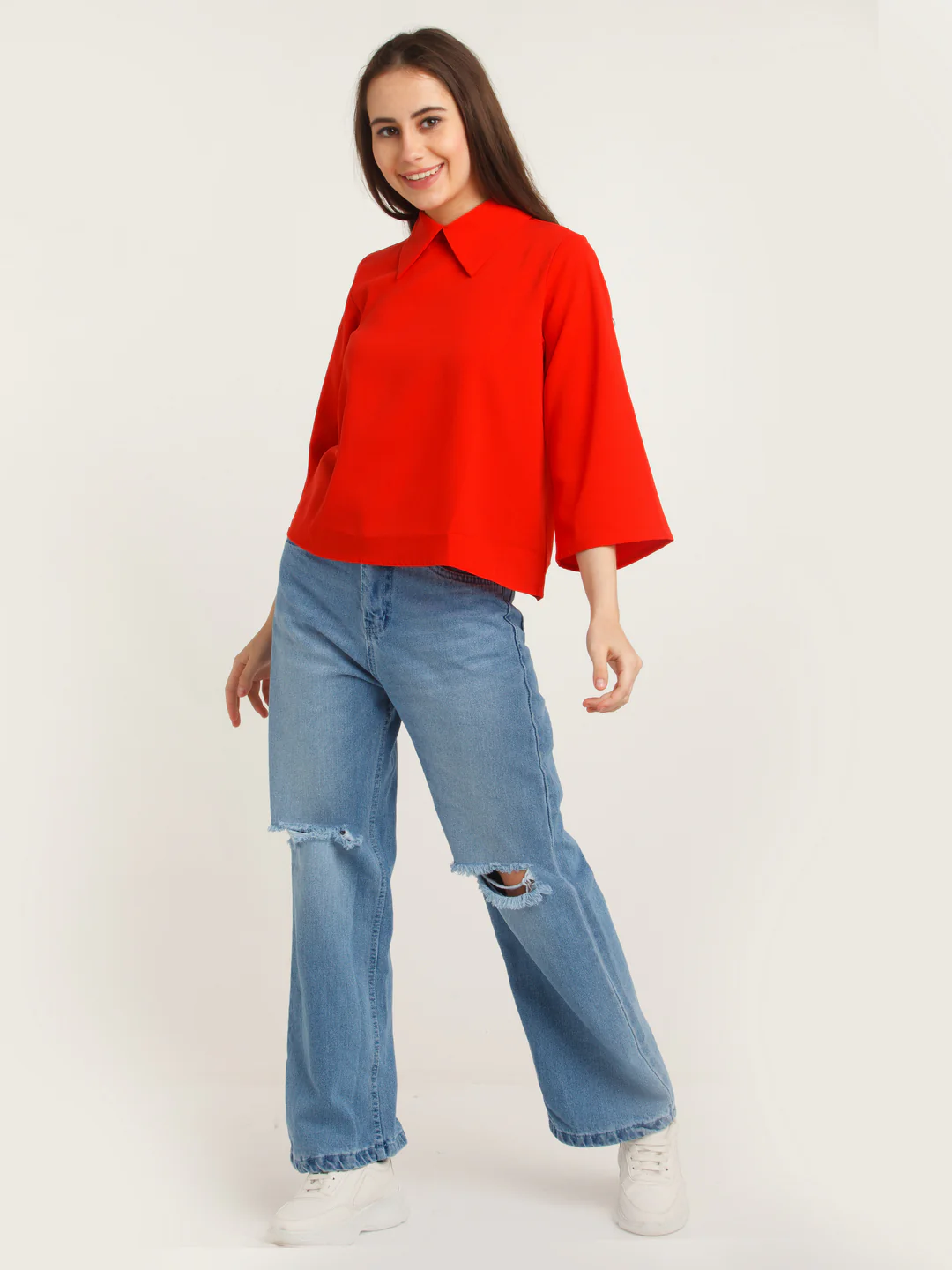 Red Solid Flared Sleeve Top - Image 5