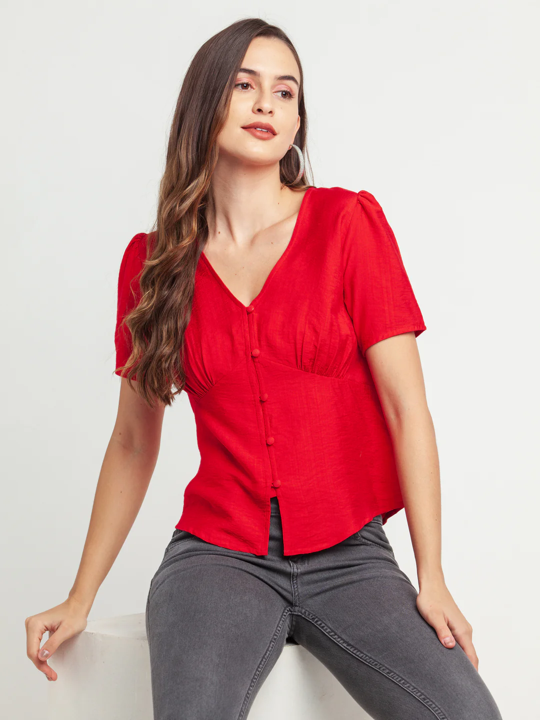 Red Solid Gathered Top