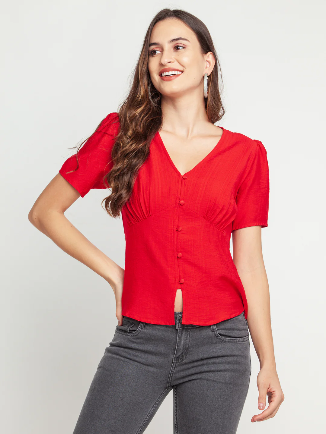 Red Solid Gathered Top - Image 2