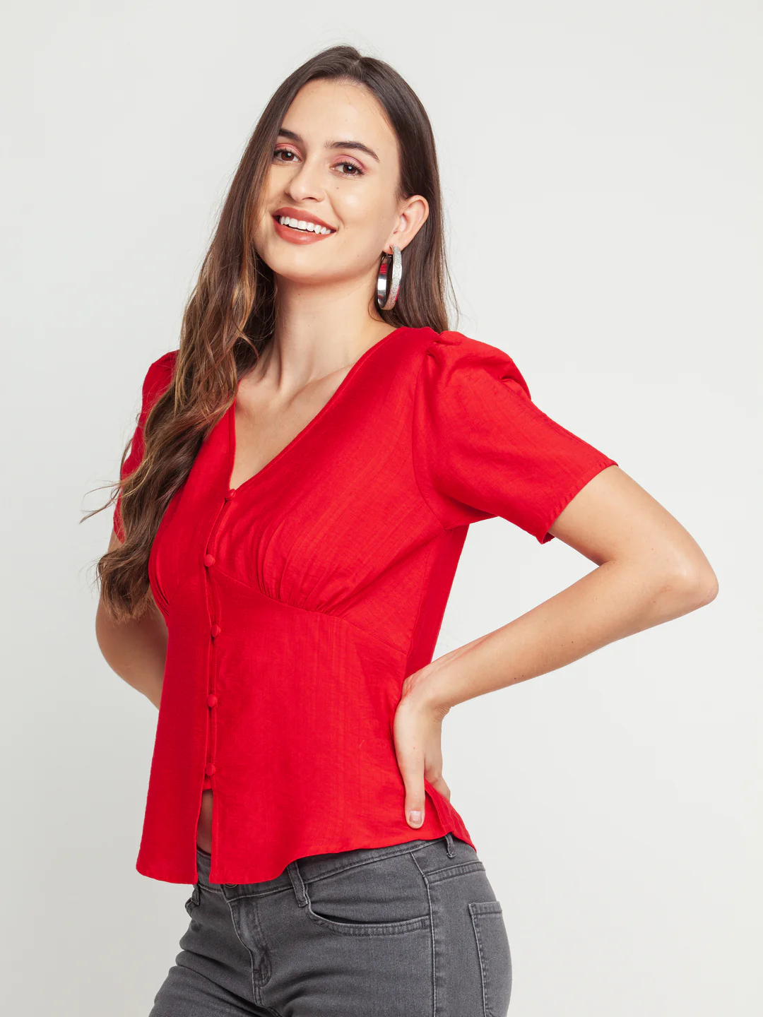 Red Solid Gathered Top - Image 3