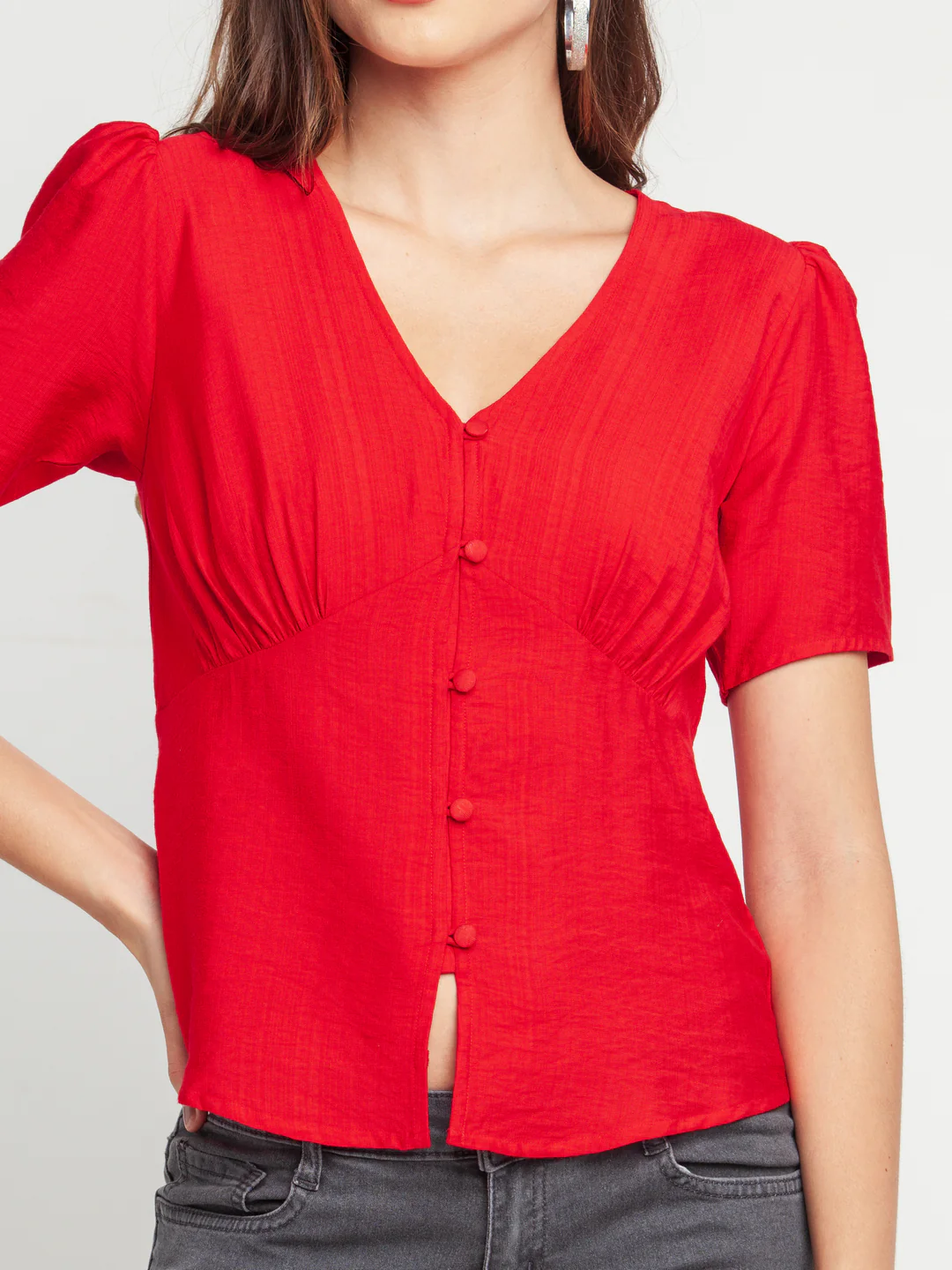Red Solid Gathered Top - Image 6