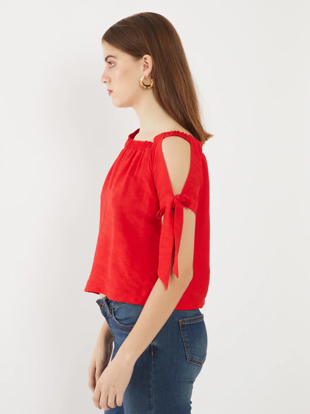 Red Solid Off-shoulder Top - Image 3