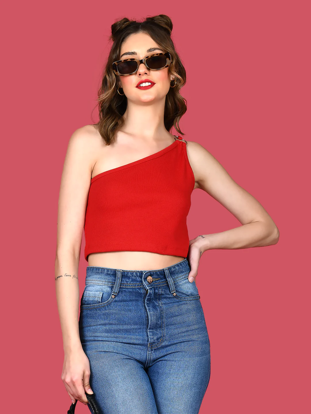 Red Solid Off Shoulder Crop Top - Image 3