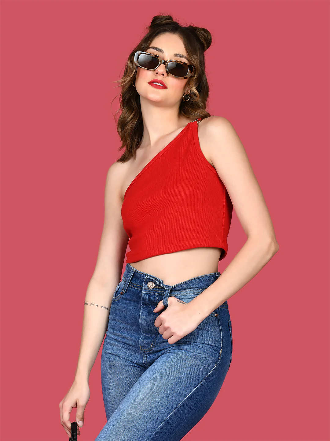 Red Solid Off Shoulder Crop Top - Image 4