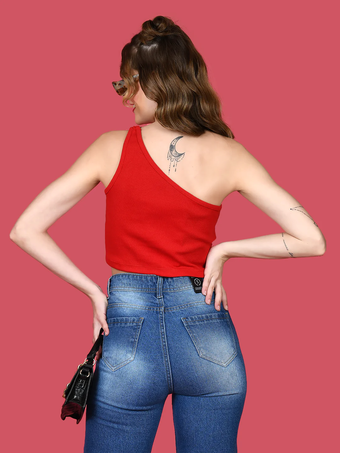 Red Solid Off Shoulder Crop Top - Image 5