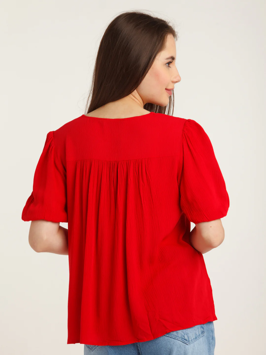 Red Solid Puff Sleeve Top - Image 4