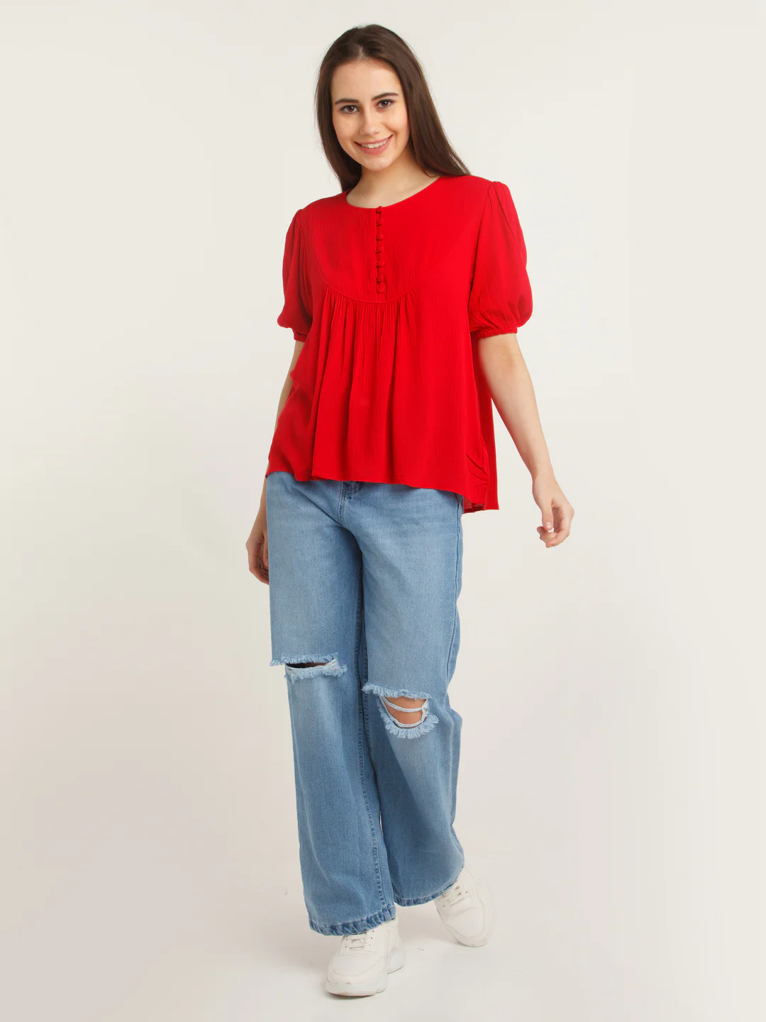 Red Solid Puff Sleeve Top - Image 5