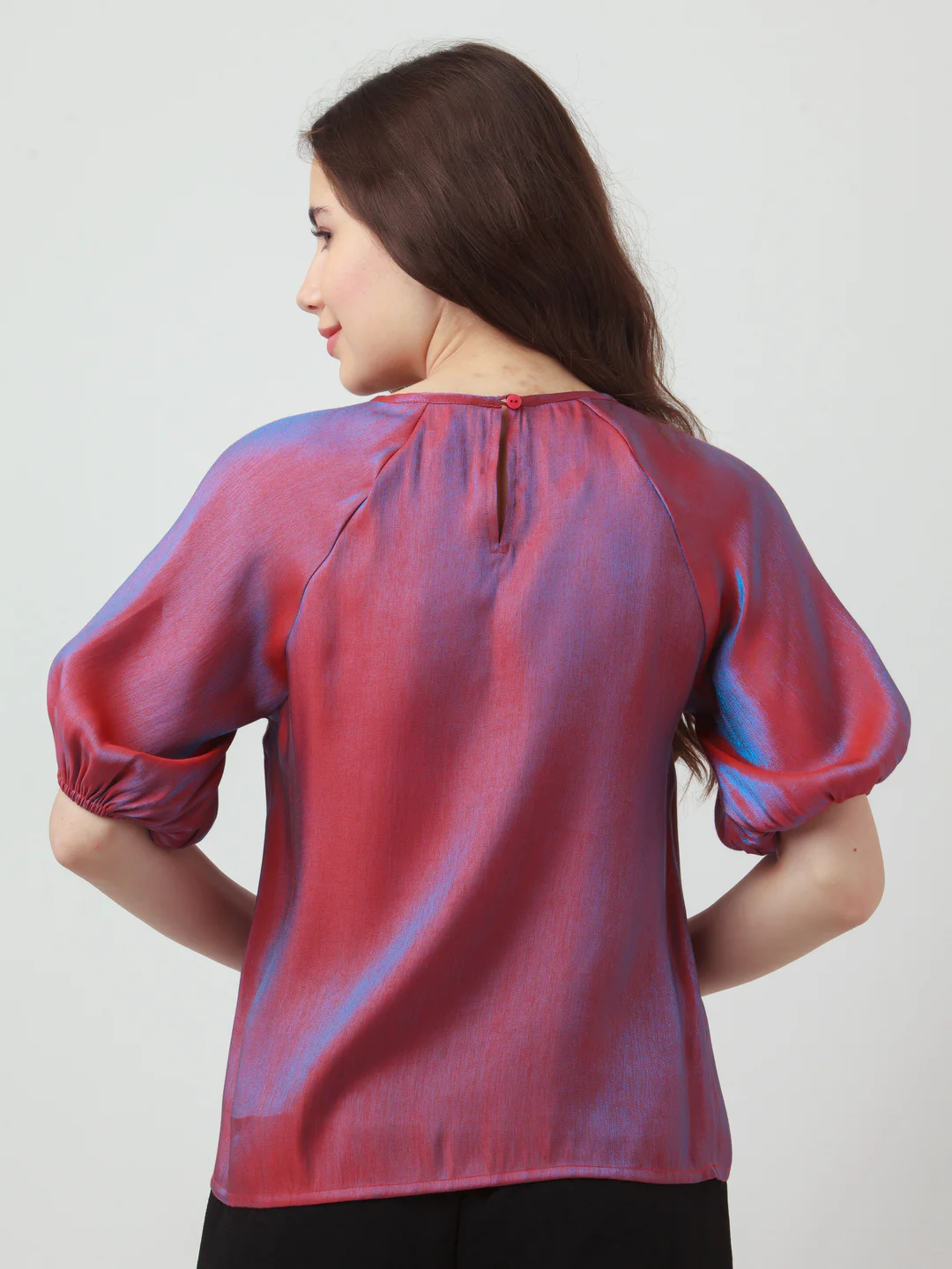 Red Solid Puff Sleeve Top - Image 4