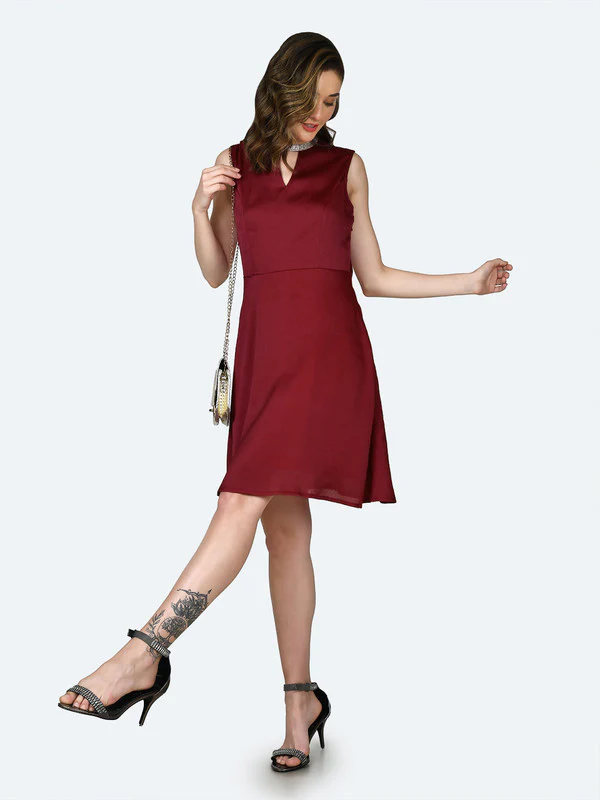 Red Solid Regular Short Dress