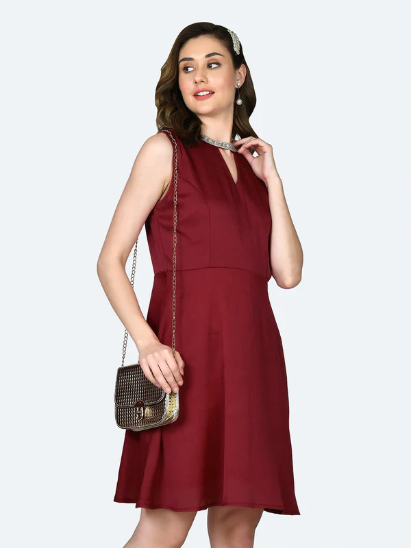 Red Solid Regular Short Dress - Image 3
