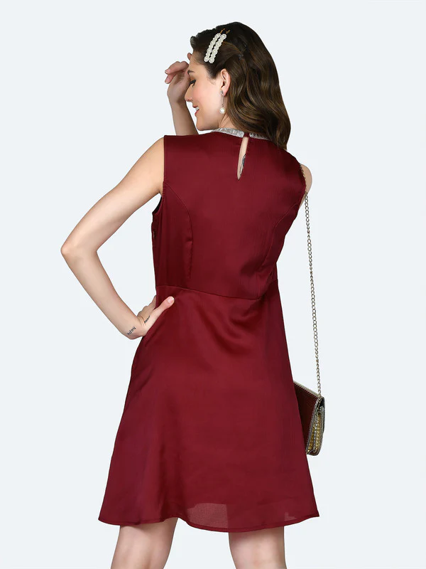 Red Solid Regular Short Dress - Image 4