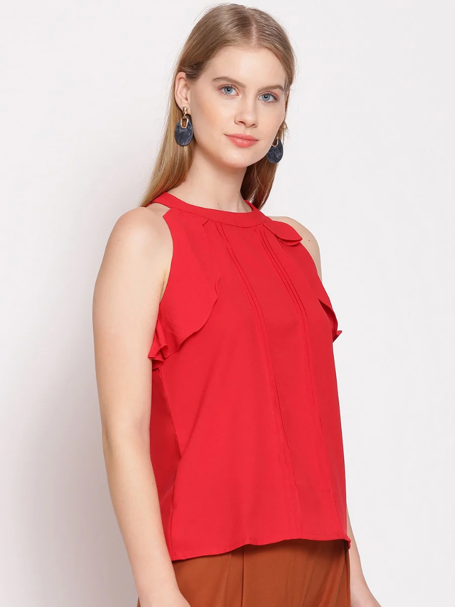 Red Solid Ruffle Top - Image 3